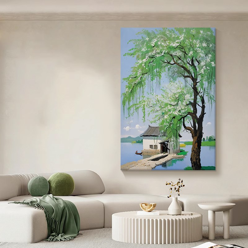 乡村田园风景纯手绘油画抽象垂柳树小屋客厅装饰画吴冠中玄关挂画图片