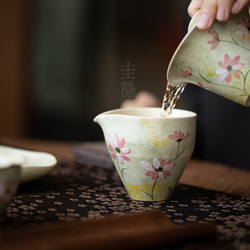圭隐堂粉引手绘格桑花陶瓷公道杯家用公杯泡茶杯匀茶杯分茶器茶海