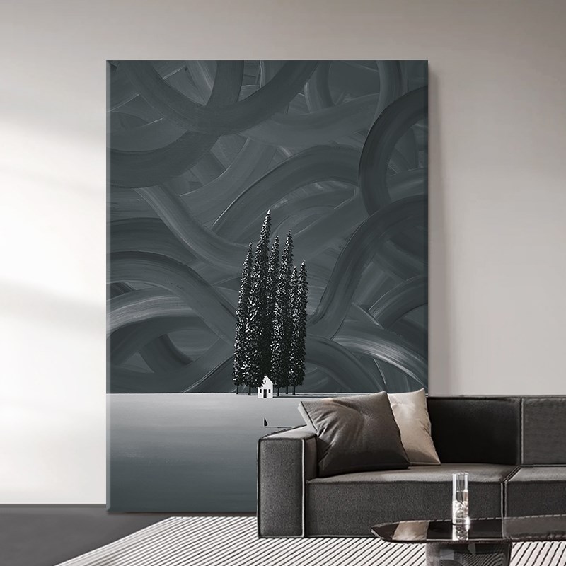 黑白抽象建筑风景手绘油画客厅侘寂风装饰画餐厅走廊尽头玄关挂画图片