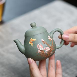 宜兴紫砂壶原矿豆青砂手工彩绘高梨紫砂壶家用茶具小容量120cc一