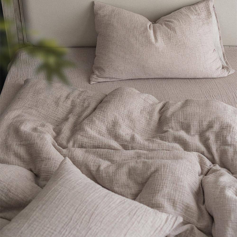 复古素色棉麻双层纱床上三四件套亚麻民宿风蓬松软糯棉麻质感床单