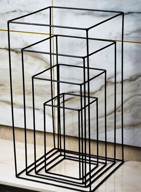 北欧几何摆件铁艺创意长方形体婚庆摆件方体框架样板房软装配饰