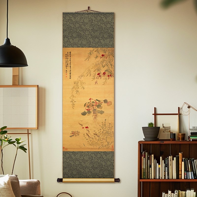 落花游鱼图明清古典丝绸卷轴挂画中式茶室书房装饰画玄关餐厅壁画图片