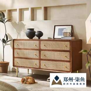 北欧实木三四六斗柜简约现代储物柜卧室多功能床头柜藤编收纳柜子