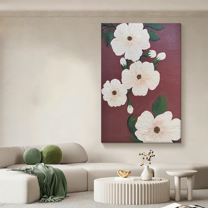 花开富贵手绘油画立体抽象肌理画白色花卉客厅落地装饰画玄关挂画图片
