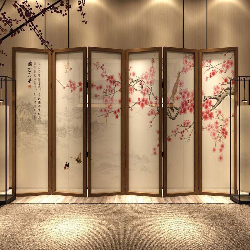 新中式古香折叠屏风隔断客厅可移动入户遮挡酒店茶室装饰梅花折屏