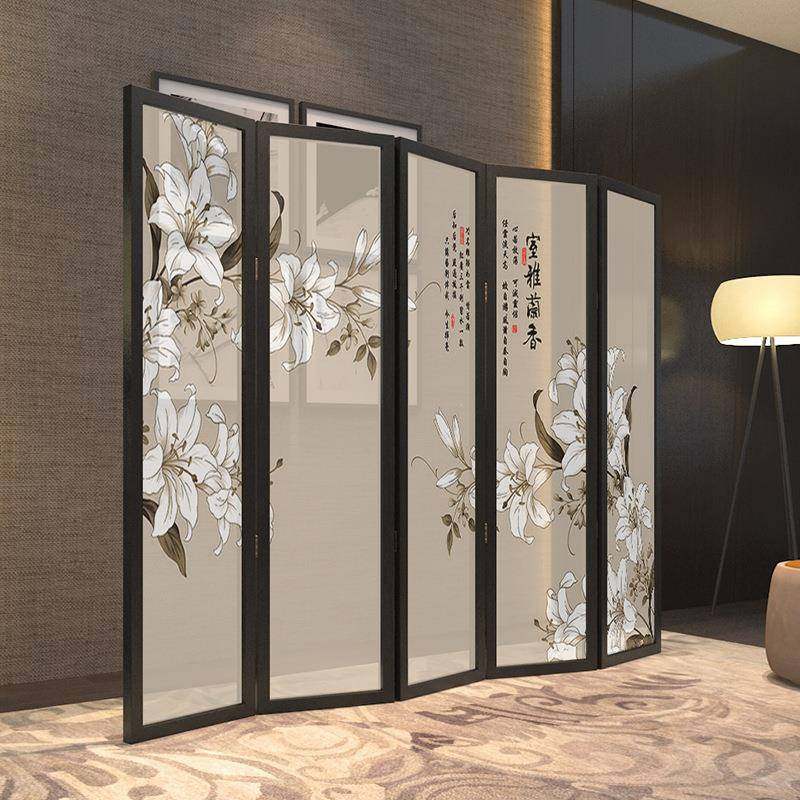 新中式折叠屏风隔断客厅简约现代可移动入户遮挡茶室装饰兰花折屏