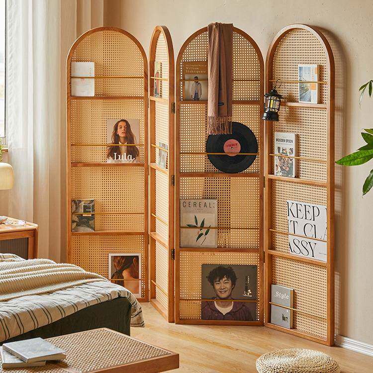 中式客厅侘寂玄关复古隔断卧室简约移动实木置物书架折叠藤编屏风