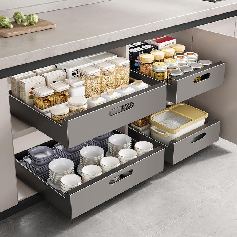 橱柜内抽屉置物架厨房收纳拉篮分层调料碗碟盘下水槽抽拉式储物盒