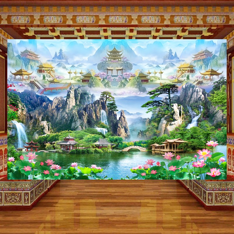 仙堂山水风景画背景墙纸流水生财荷花壁纸定制天宫天庭佛道仙墙布