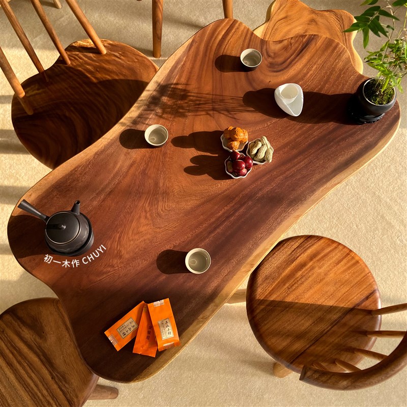 初一木作 现货小户型阳台茶桌实木家用雨木矮餐桌原木桌茶几圆角