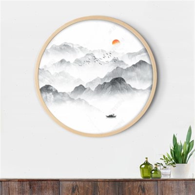 新中式玄关装饰画墙纸墙布画芯弧形入门圆形壁画走廊过道水墨禅意图片