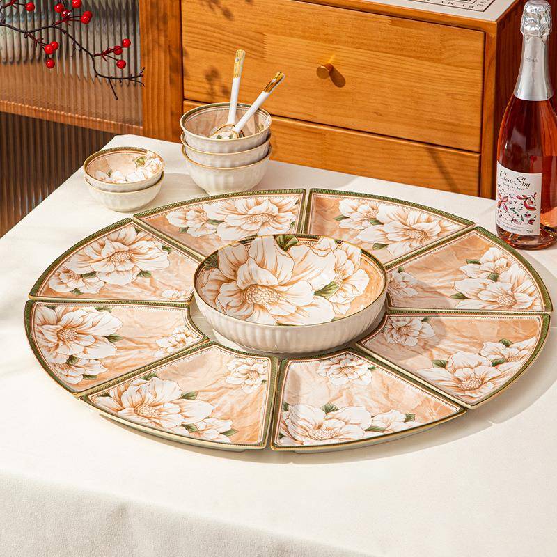 【折扣价】山茶花年夜饭圆桌盘子菜盘家用陶瓷团圆拼盘餐具组合扇