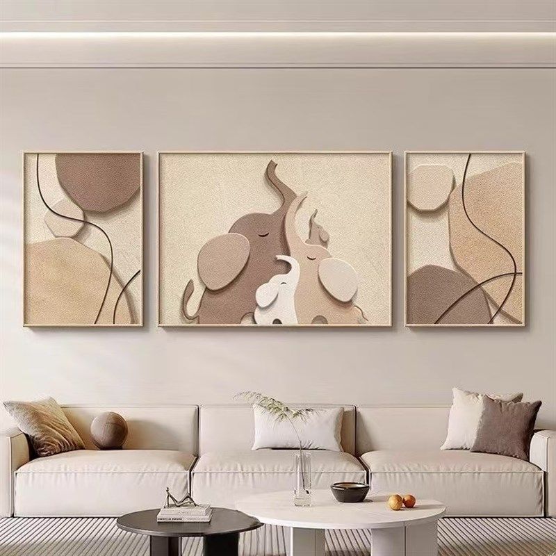现代简约大象客厅装饰画轻奢黑白灰沙发背景墙挂画一家三口三联画