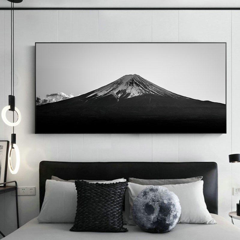 意式极简主义黑白富士山装饰画横版民宿公寓卧室床头壁画日式挂画图片