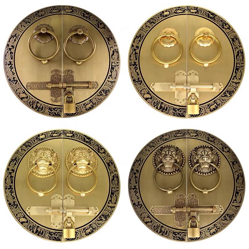 仿古中式明插销纯铜门栓双开大门锁扣户外花园复古木门门锁铜把手