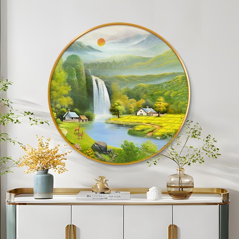 聚宝盆山水画入户圆形玄关装饰画走廊壁画客厅背景墙欧式风景油画图片