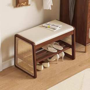 实木藤编换鞋凳门口家用入户门可坐鞋柜轻奢高级感坐凳一体穿鞋凳