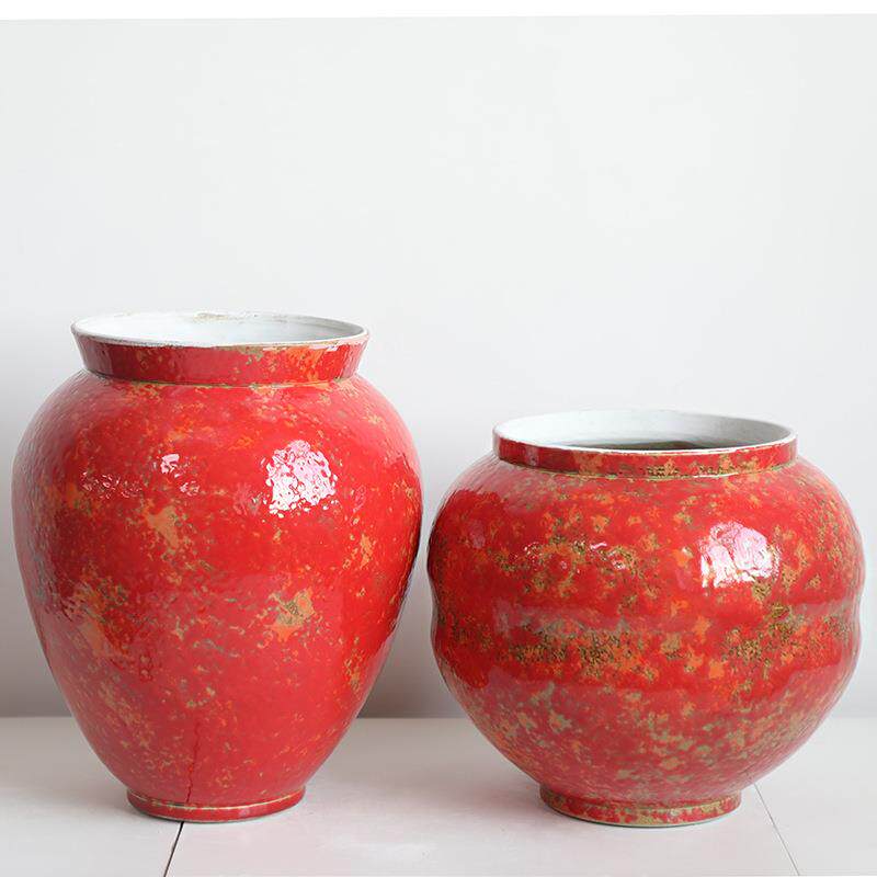石榴红色陶瓷大口花盆元宵冬青花器客厅插花摆件样板间高级感装饰