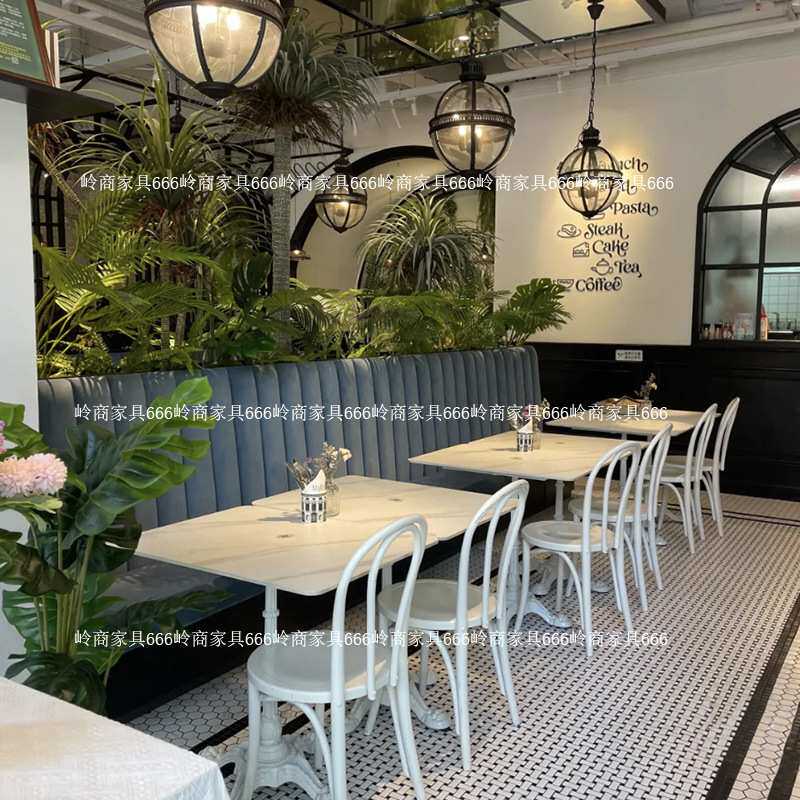 烘焙甜品店复古岩板方桌法式咖啡桌餐厅桌椅组合咖啡厅实木藤编椅