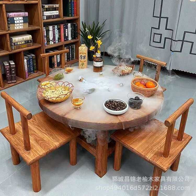 老榆木围炉煮茶烧烤桌家用酒店圆形大餐桌民宿阳台夏季涮火锅桌子