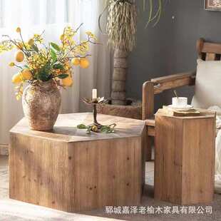 侘寂风实木六边形小茶桌复古老榆木民宿茶几客厅沙发边几木质家居