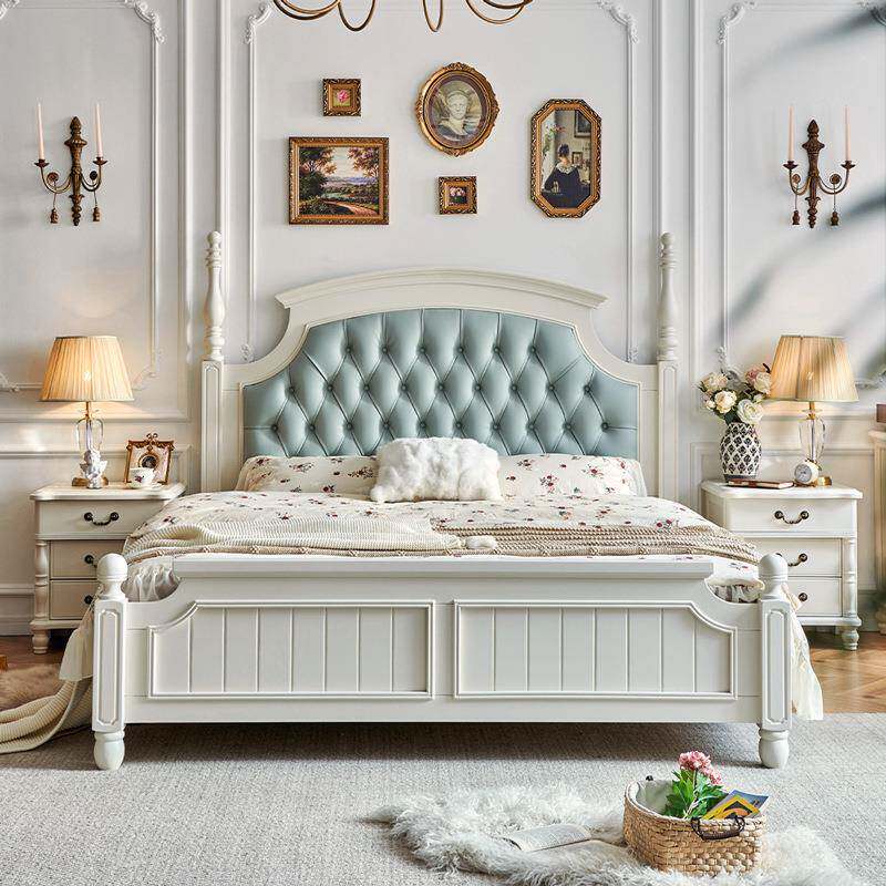 奶油风美式床全实木核桃木可可蛋奶白卧室真皮软包1.8m气压高箱床