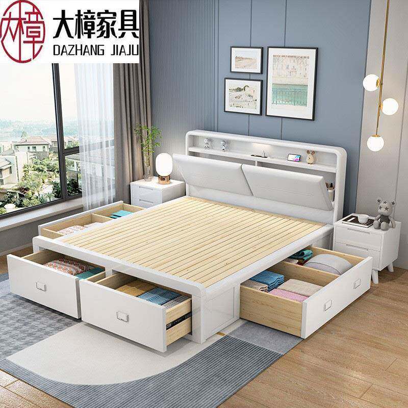 床头充电白色实木床现代简约高箱抽屉储物床主卧双人床气压收纳