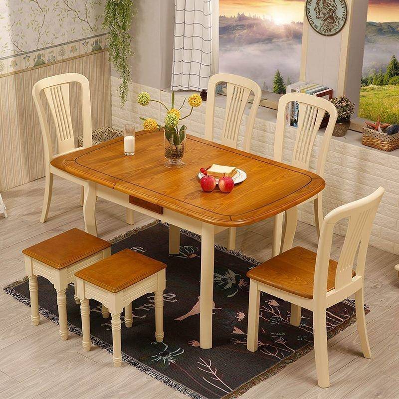 地中海实木餐桌椅组合田园长方形小户型家庭方桌伸缩折叠家用饭桌