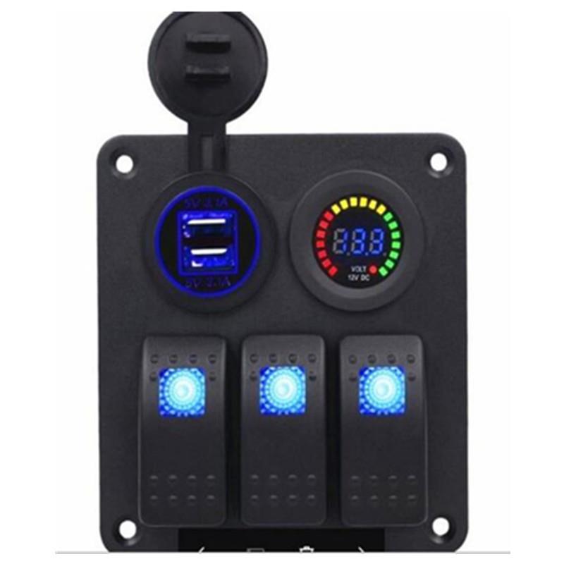 热卖个性化款三位控制面板3个开关+4.2A双USB车充+彩屏电压表