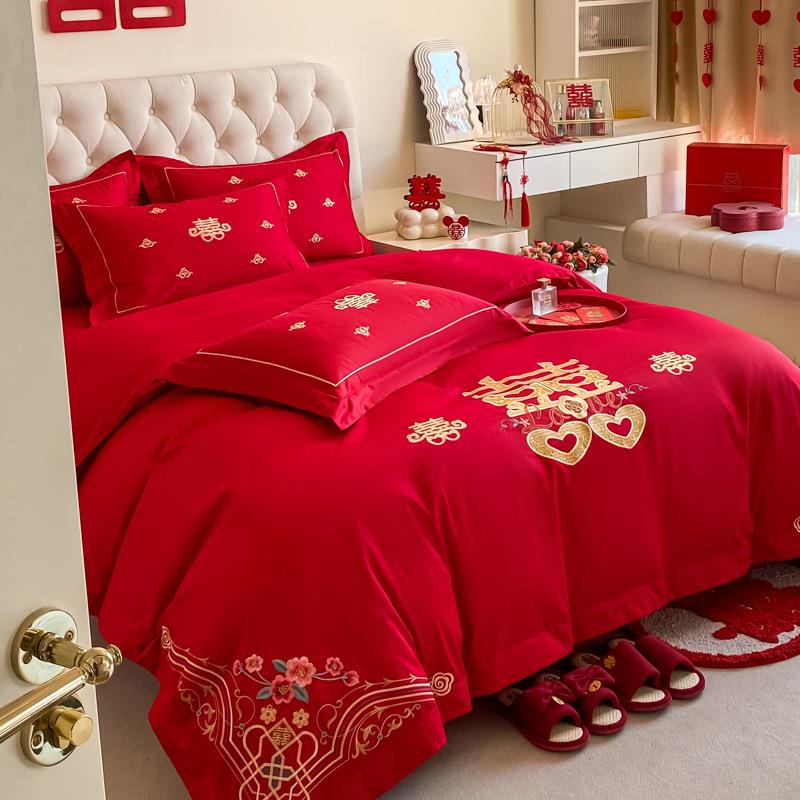 高档中式百子图刺绣婚庆四件套大红新房备婚被套结婚床上用品
