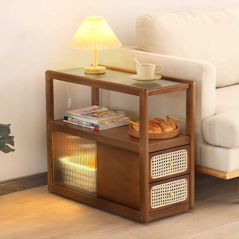 茶几小户型客厅家用沙发边柜实木可移动玻璃小桌子现代简约置物架