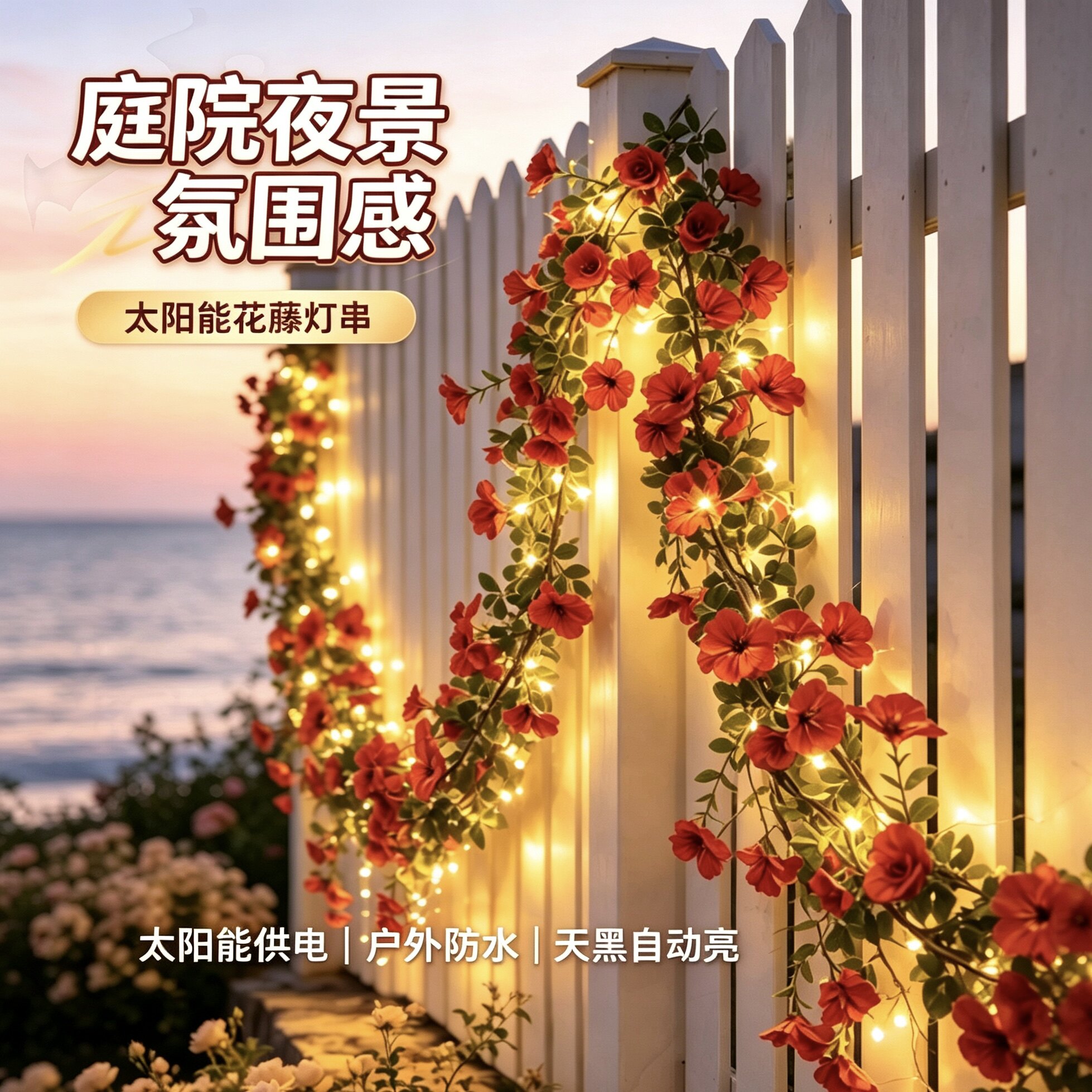 太阳能花藤灯户外庭院防水高亮仿真玫瑰花藤串阳台花园装饰氛围灯