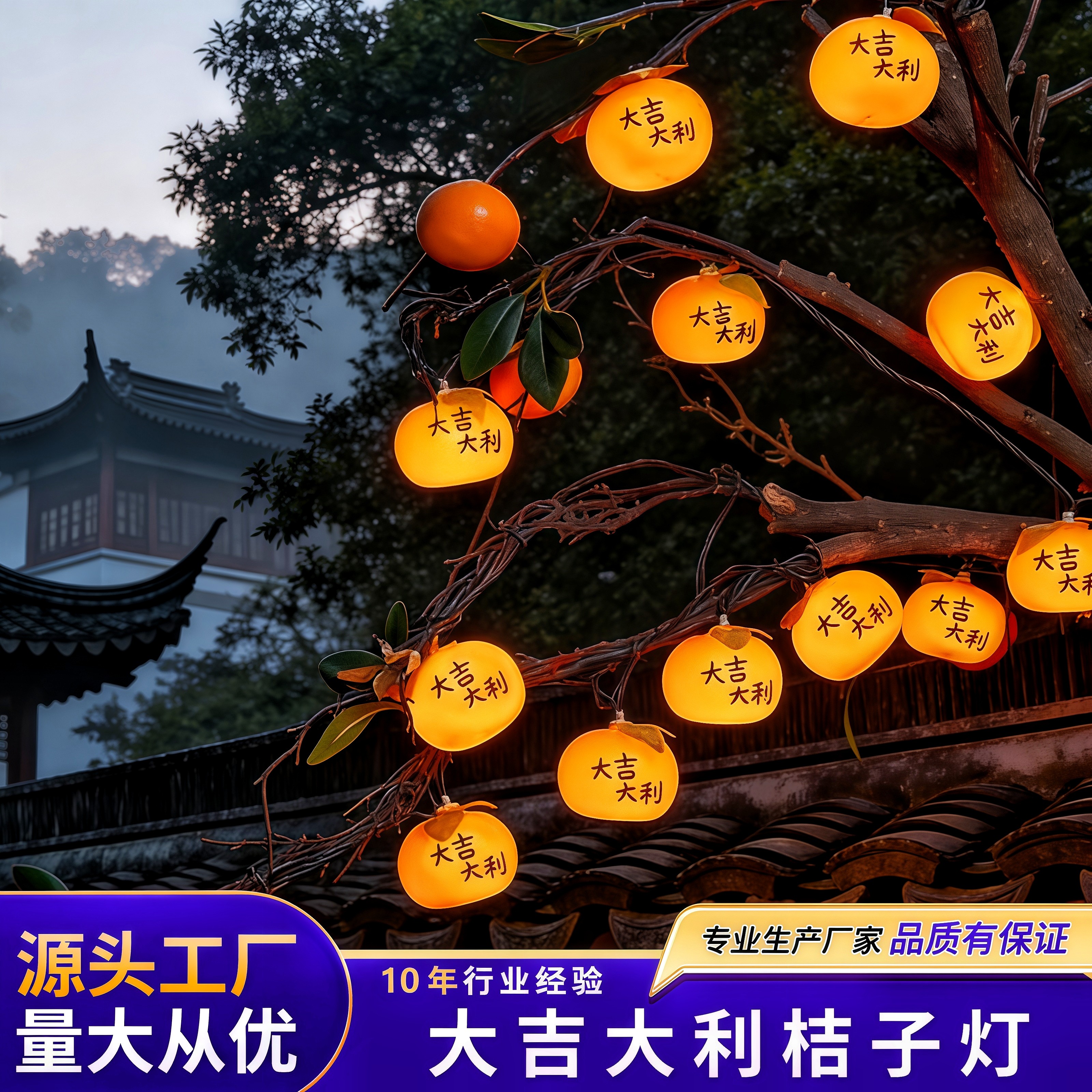 太阳能桔子灯串挂树上的彩灯庭院装饰灯小红灯笼新年氛围挂灯