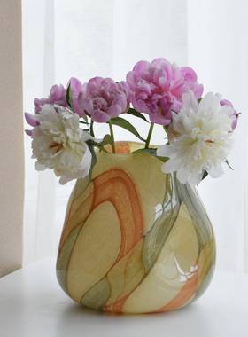 轻奢风绿色条纹晕染大肚玻璃花瓶摆件高级感客厅桌面插花装饰品