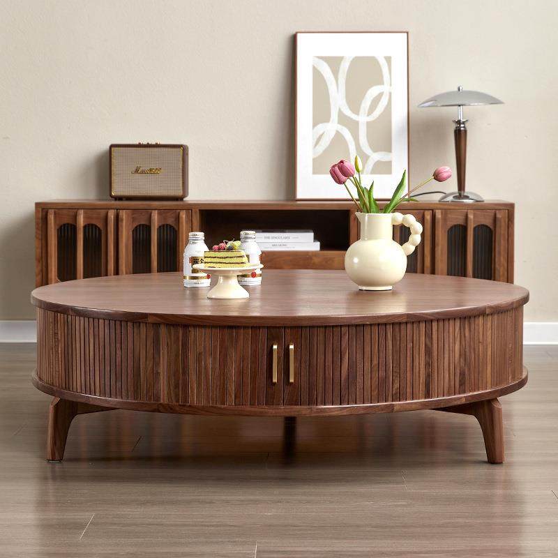 北美黑胡桃全实木圆形茶几现代简约樱桃木原木客厅多功能储物茶几