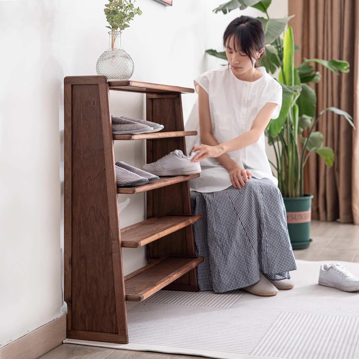 北美黑胡桃木鞋架多层实木置物架家用省空间进门收纳北欧简约鞋柜