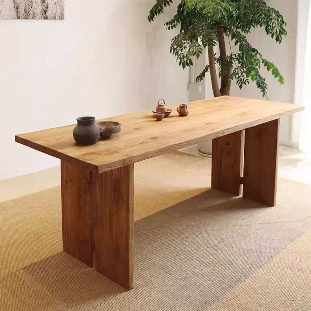 老榆木大班桌客厅长方形餐桌品茶桌椅木制办公桌茶台原木桌