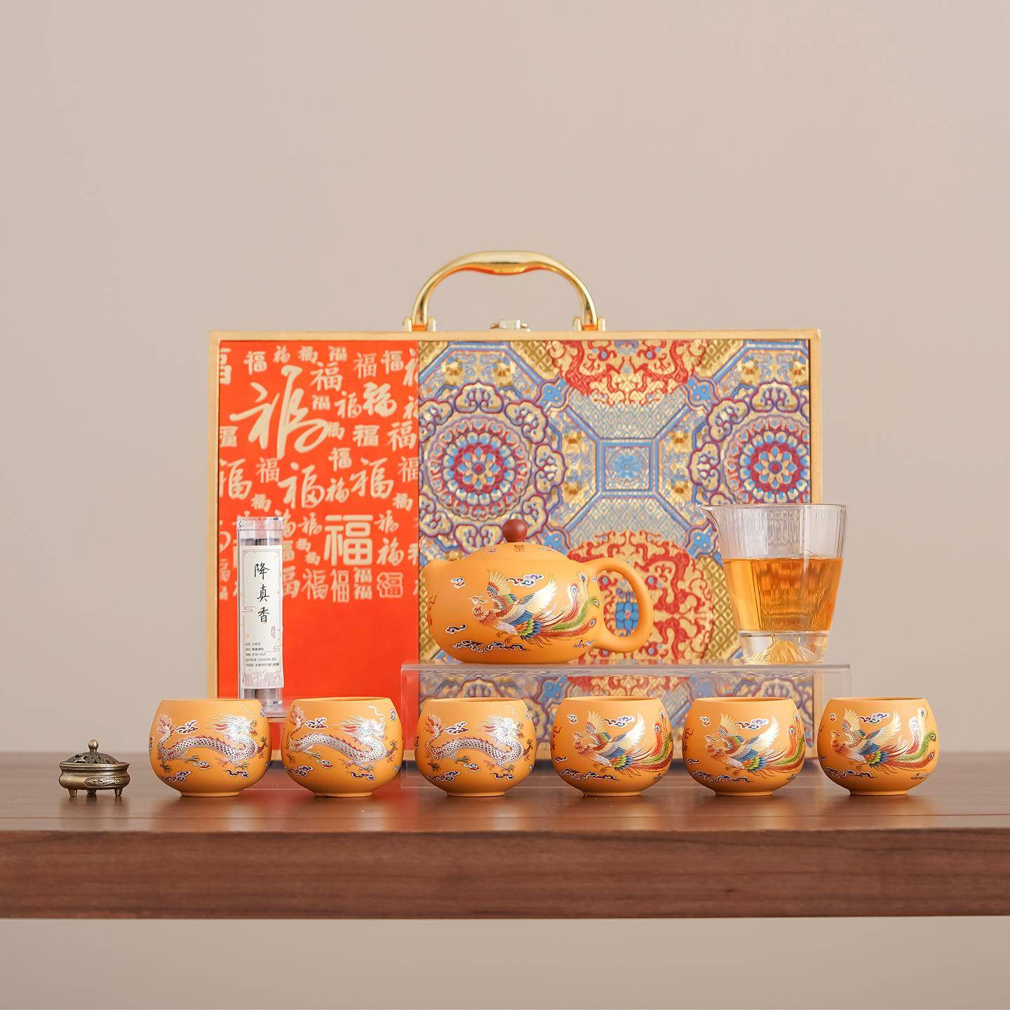 黄紫砂龙凤呈祥西施壶茶具套装家用办公功夫泡茶精美公司商务礼品