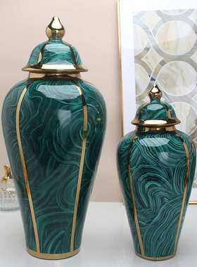 复古艺术简约绿色将军罐 样板房陶瓷花瓶花器客厅玄关摆件工艺品
