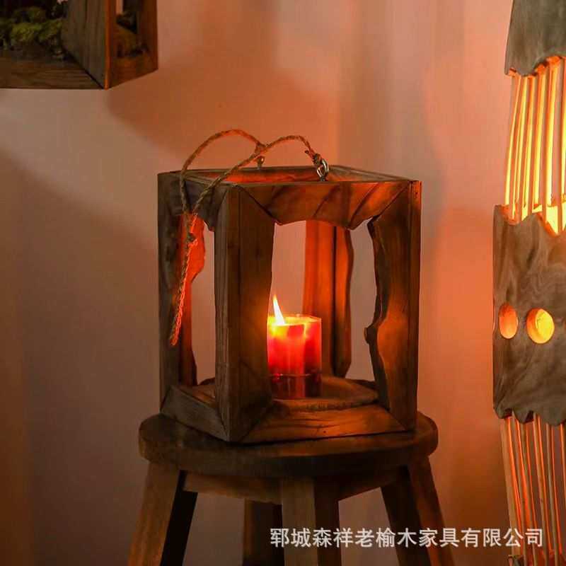老榆木烛台可挂烛台家家用节日氛围感做旧蜡烛台榆木装饰烛台座