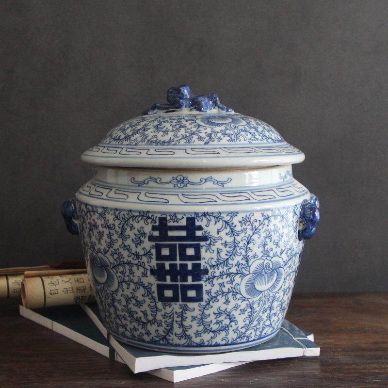 陶瓷花瓶摆件仿古手绘青花瓷喜字茶叶罐茶洗复古客厅装饰品