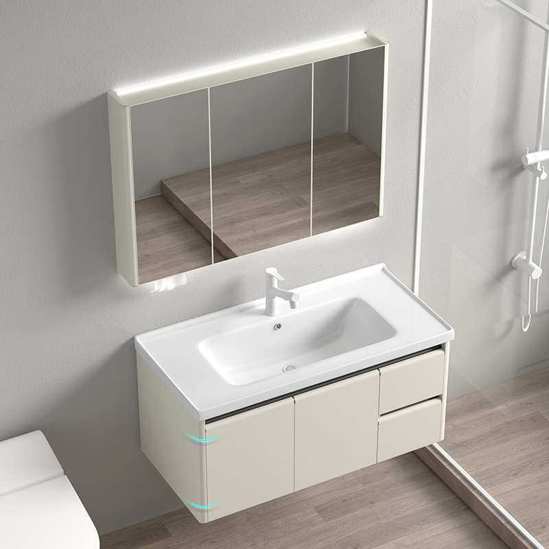 轻奢奶白色加厚不锈钢蜂窝铝双抽屉加大加深陶瓷一体盆浴室柜