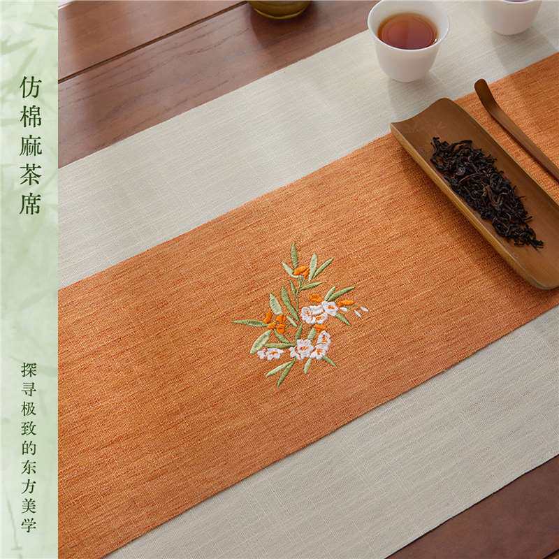 新中式棕色刺绣桌旗桂花禅意茶旗长条防水茶席茶台茶桌布茶桌垫布
