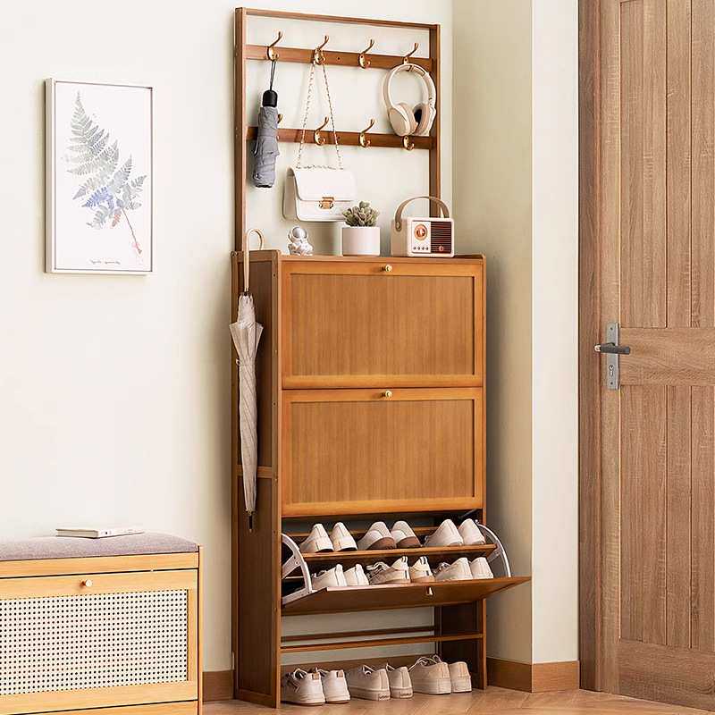超薄鞋柜家用门口翻斗鞋架子带挂钩入户多功能置物柜收纳鞋架一体