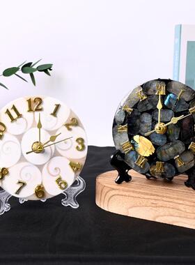 天然拉长石原石摆件时钟贝壳玉月光石观赏奇石圆盘家居装饰送支架