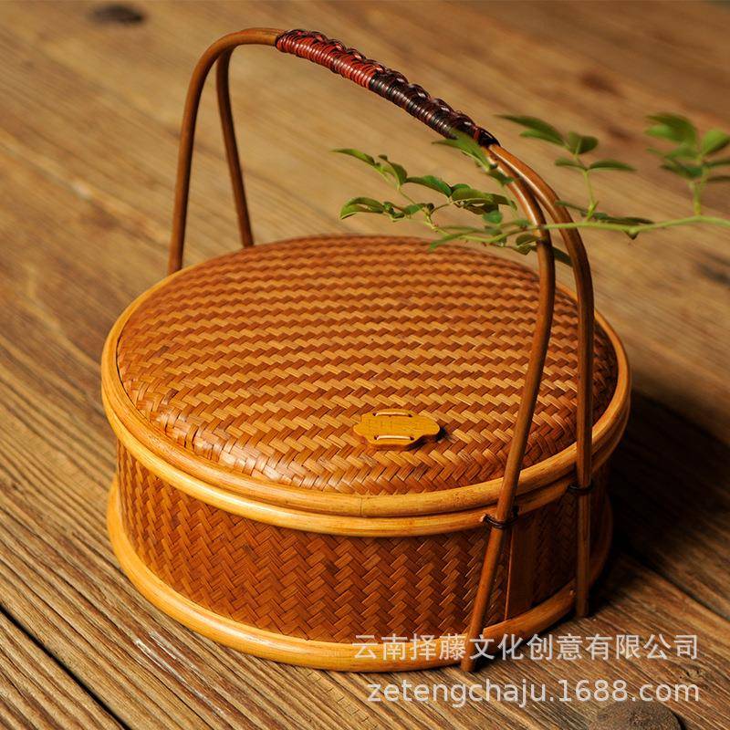 手工竹编大漆圆形方形双层食盒收纳盒茶叶包装云南特色手工艺品
