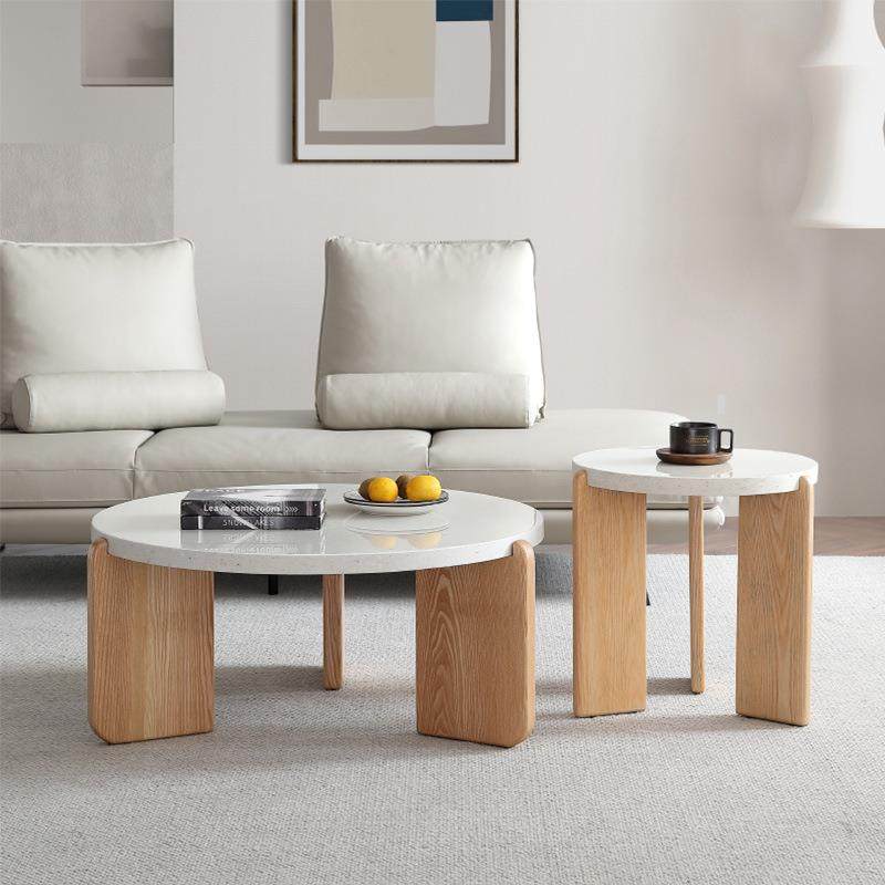 丹麦设计极简水墨石茶几圆形实木侘寂风北欧现代客厅大理石小边几