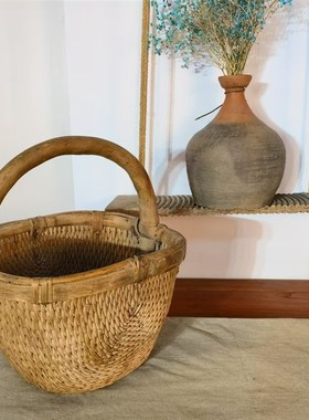 民俗老物件老旧提篮粪筐实木篮筐旧货复古怀旧装饰农家院道具摆件