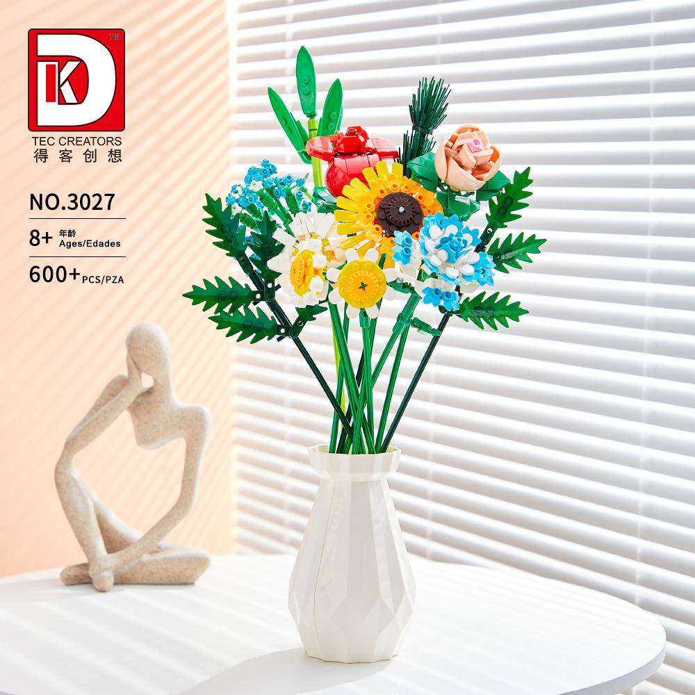 得客3027玫瑰花向日葵蝴蝶兰带花瓶儿童益智拼装积木玩具